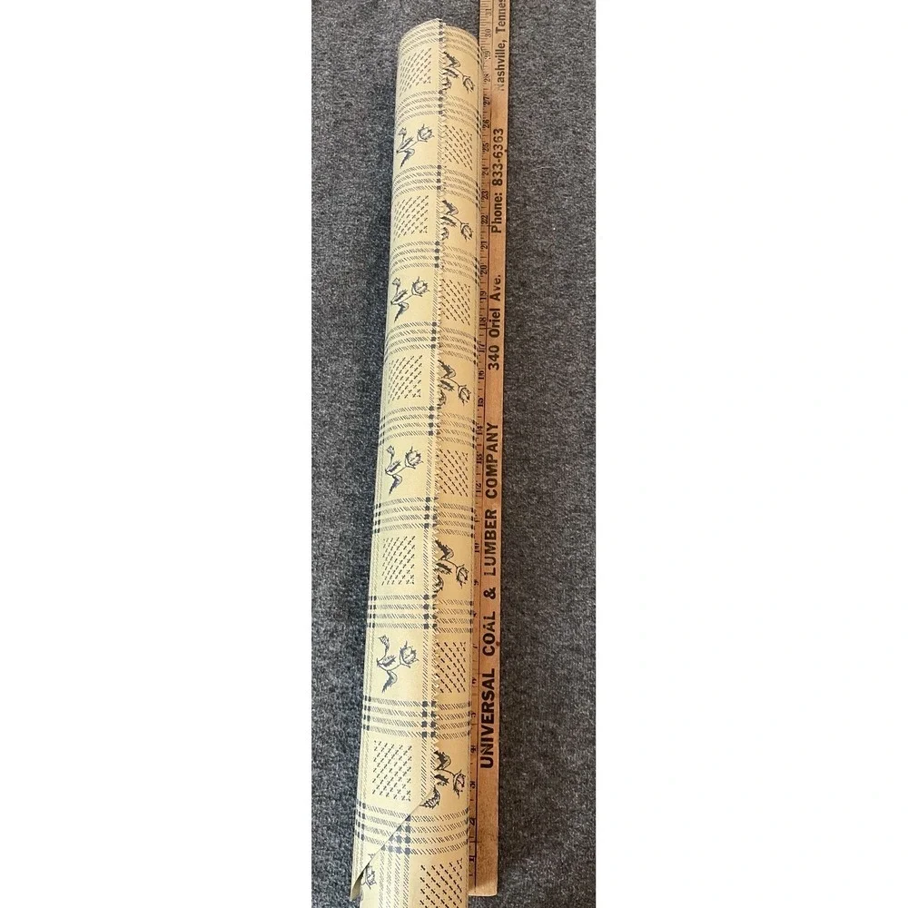 Vintage Wallpaper Roll 29 Inches Wide Beige With Blue Plaid And Flower